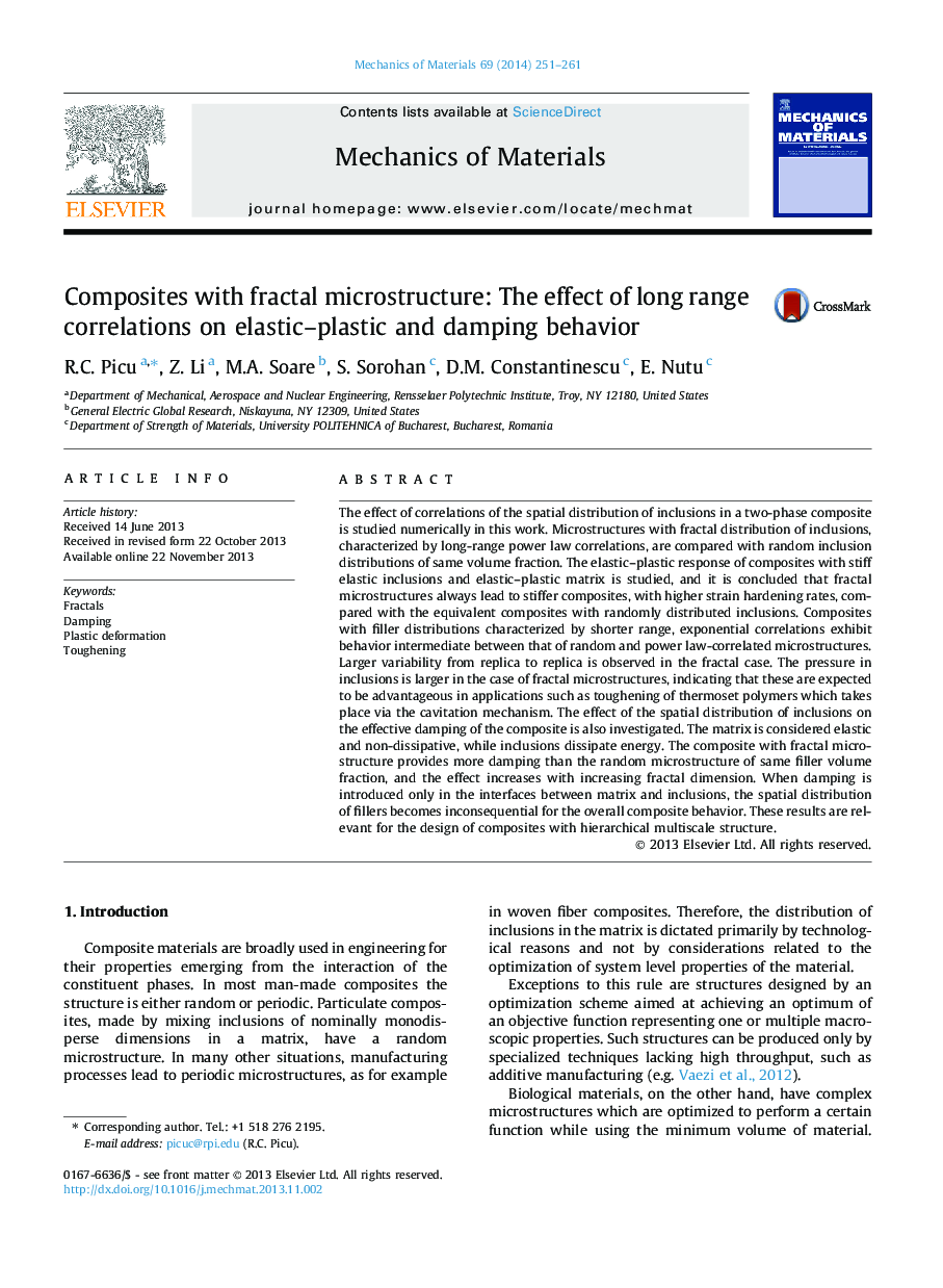 Composites with fractal microstructure: The effect of long range correlations on elastic–plastic and damping behavior