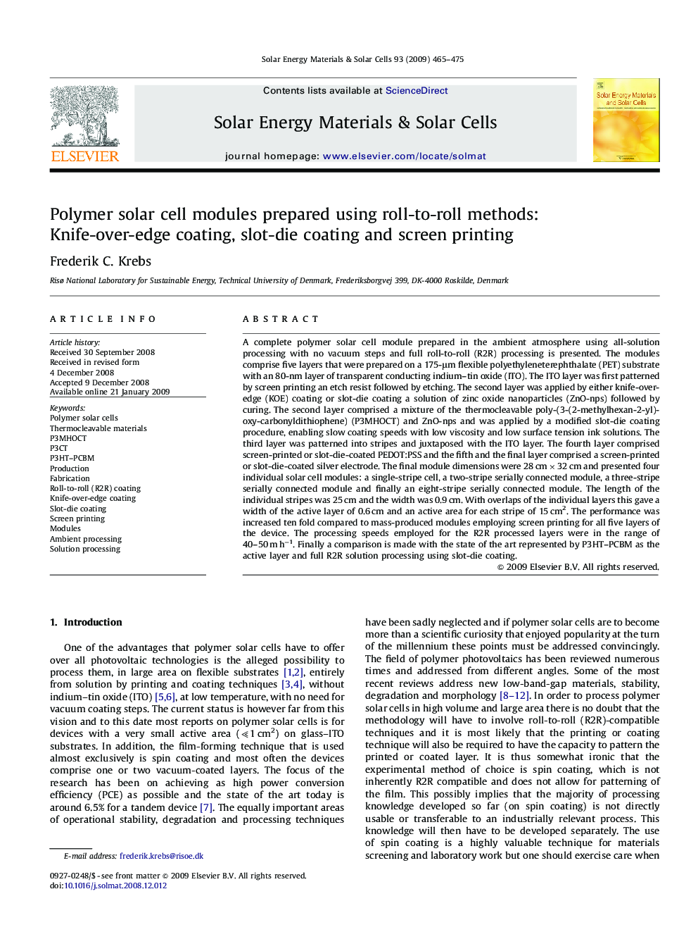 Polymer solar cell modules prepared using roll-to-roll methods: Knife-over-edge coating, slot-die coating and screen printing