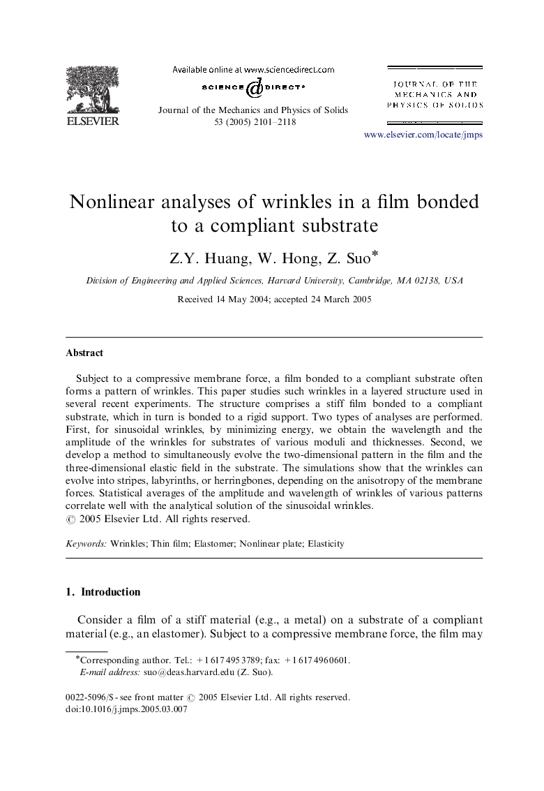 Nonlinear analyses of wrinkles in a film bonded to a compliant substrate