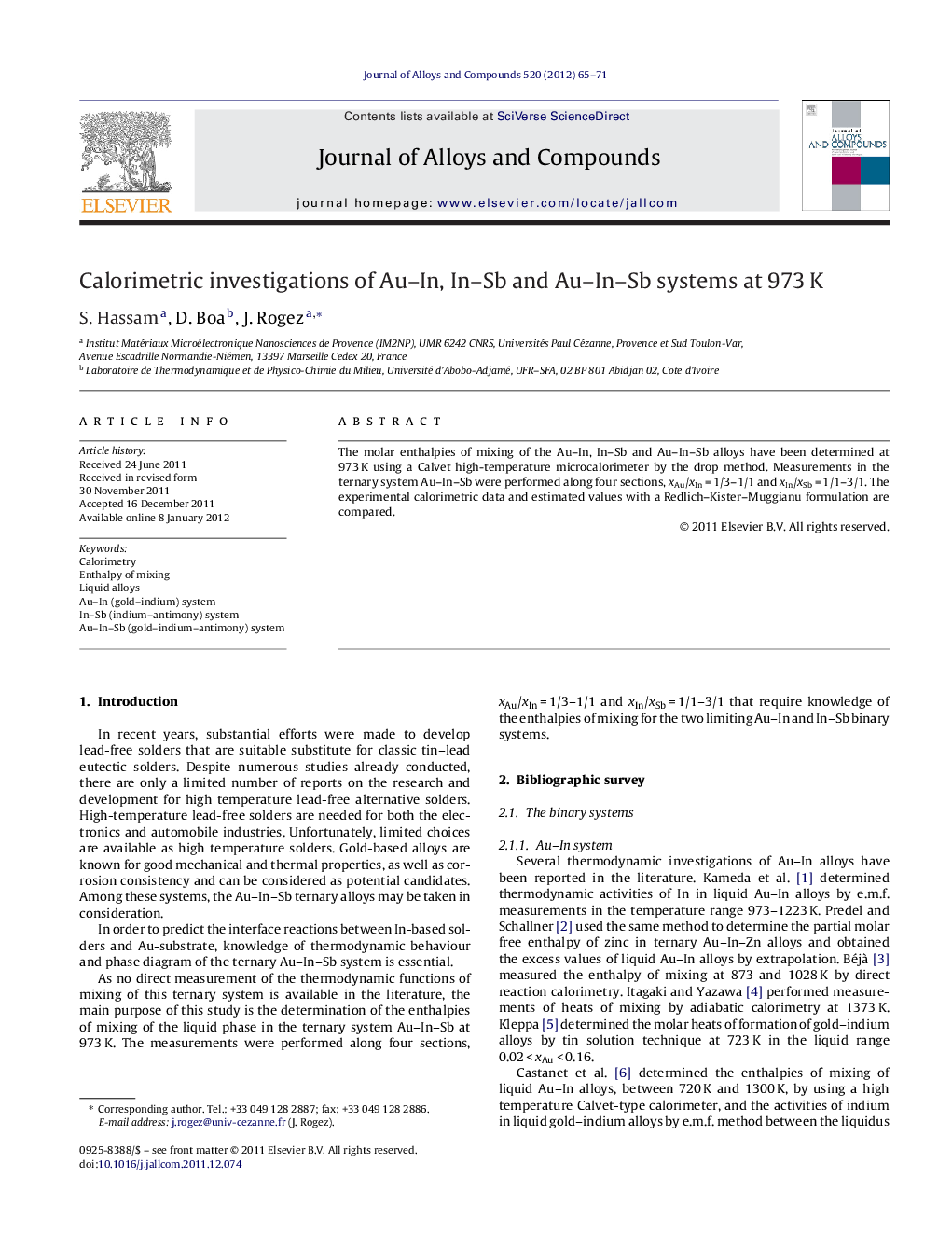 Calorimetric investigations of Au-In, In-Sb and Au-In-Sb systems at 973Â K