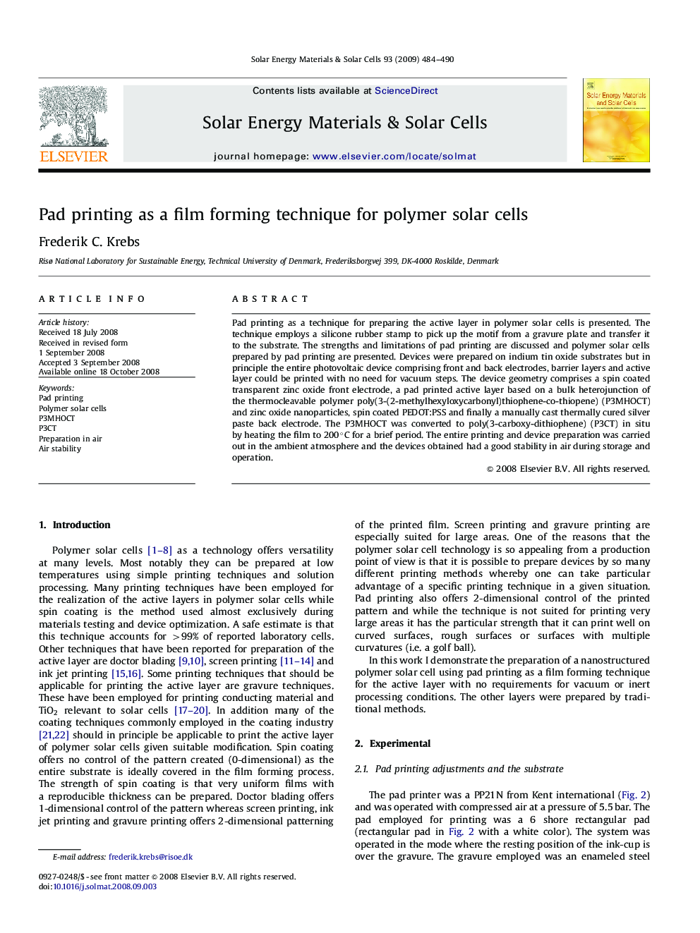 Pad printing as a film forming technique for polymer solar cells