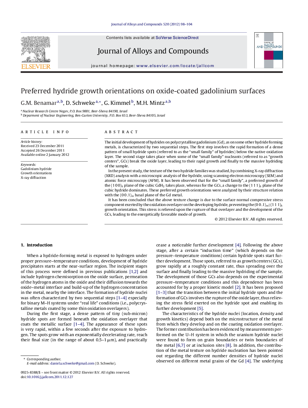 Preferred hydride growth orientations on oxide-coated gadolinium surfaces