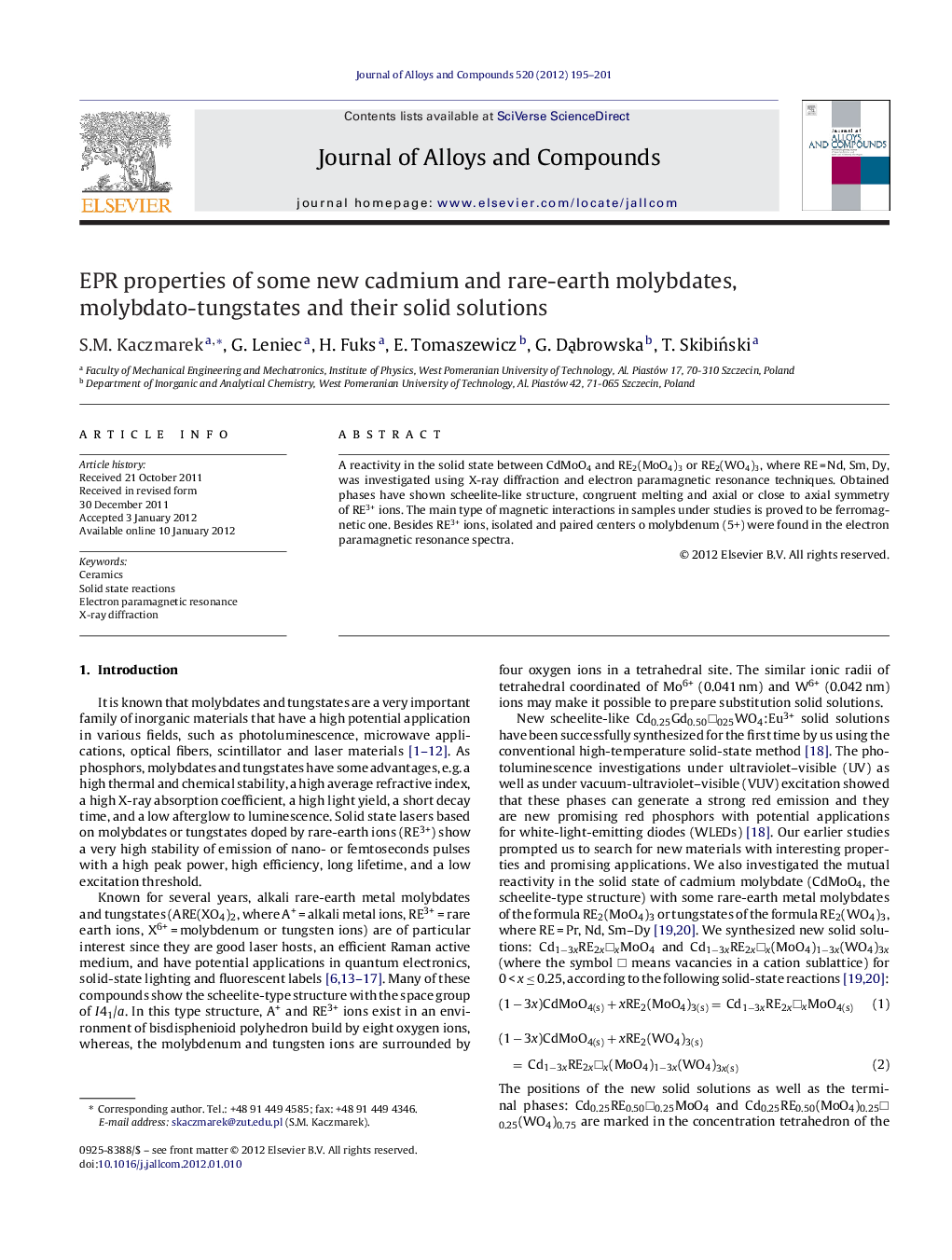 EPR properties of some new cadmium and rare-earth molybdates, molybdato-tungstates and their solid solutions