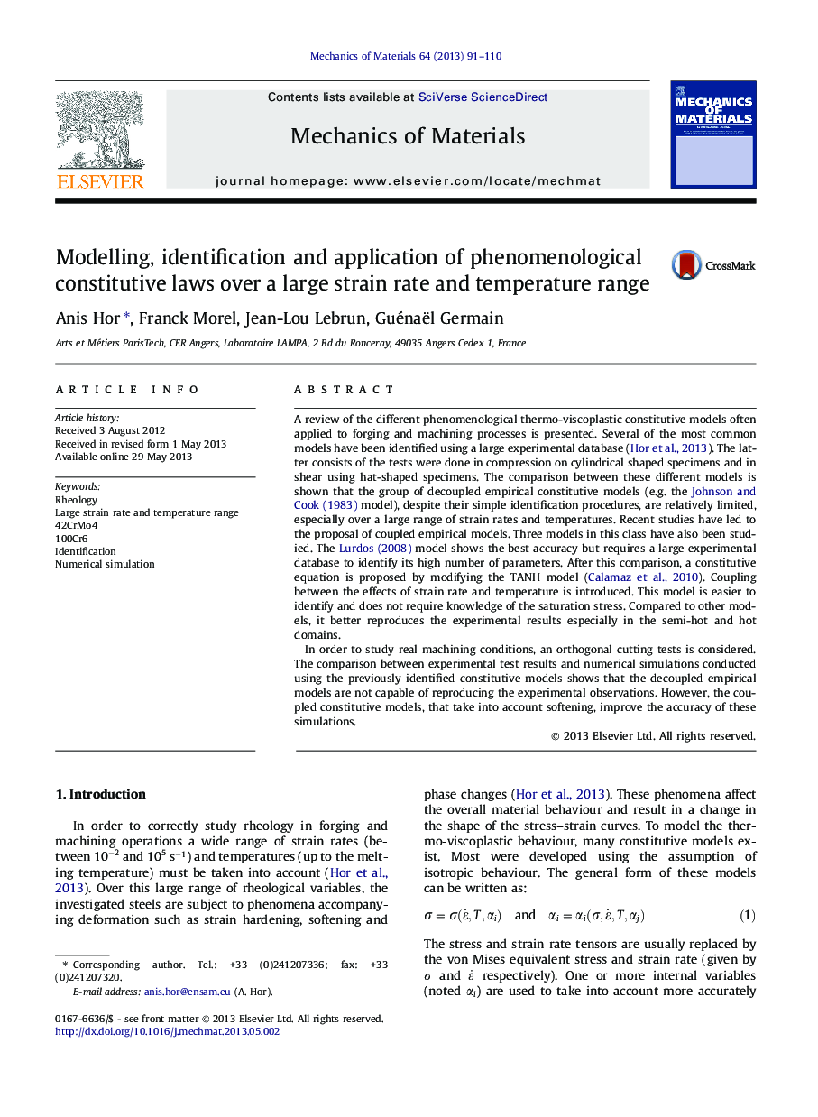 Modelling, identification and application of phenomenological constitutive laws over a large strain rate and temperature range