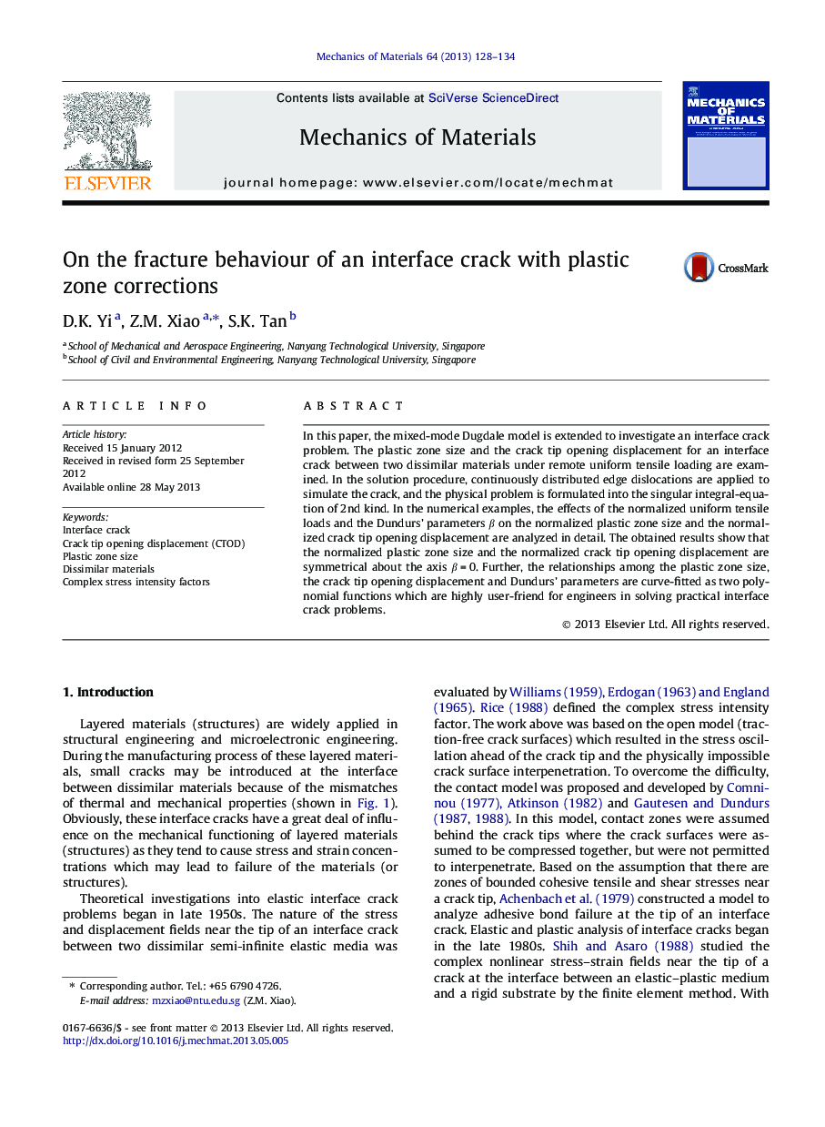 On the fracture behaviour of an interface crack with plastic zone corrections