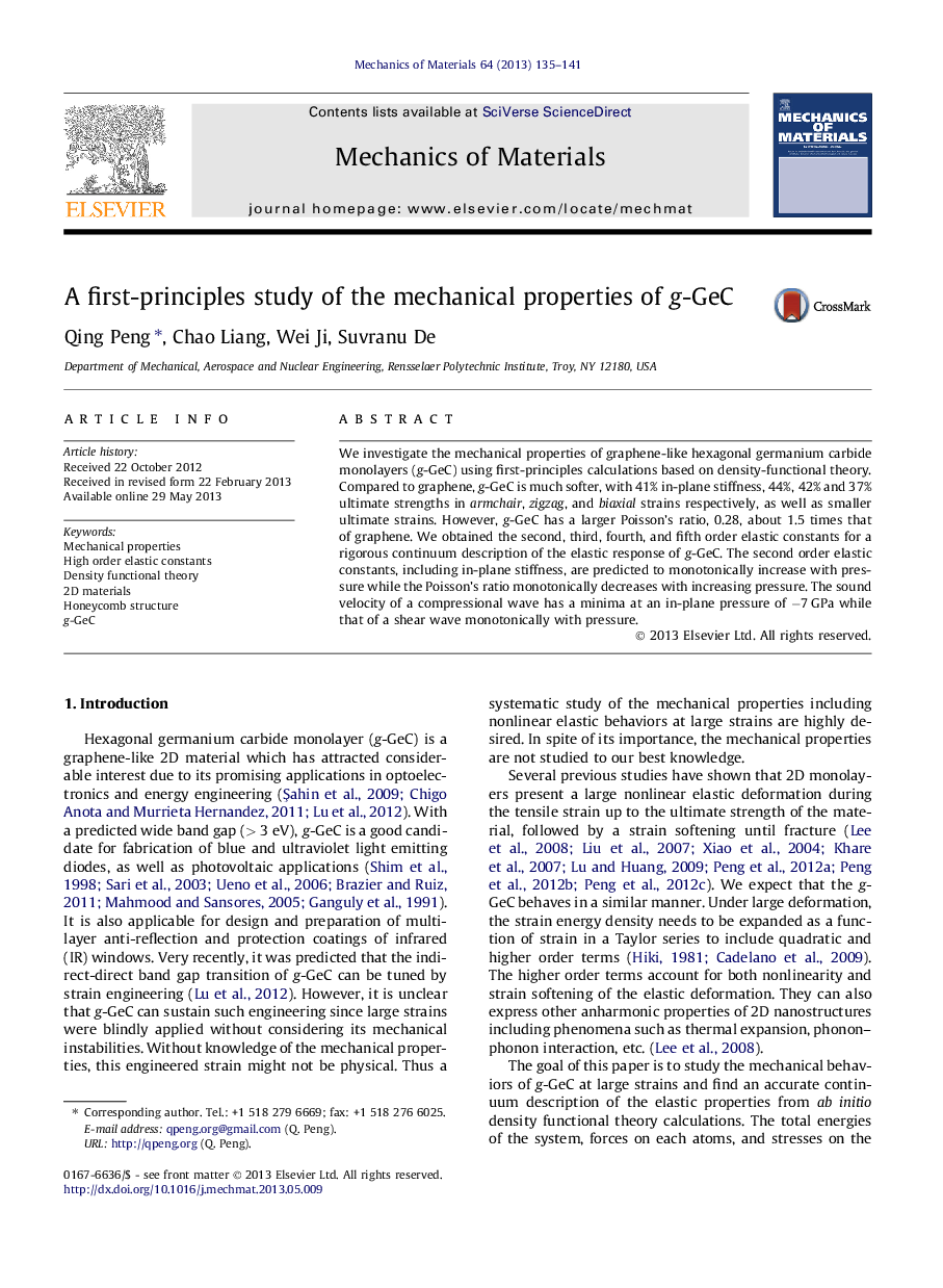 A first-principles study of the mechanical properties of g-GeC