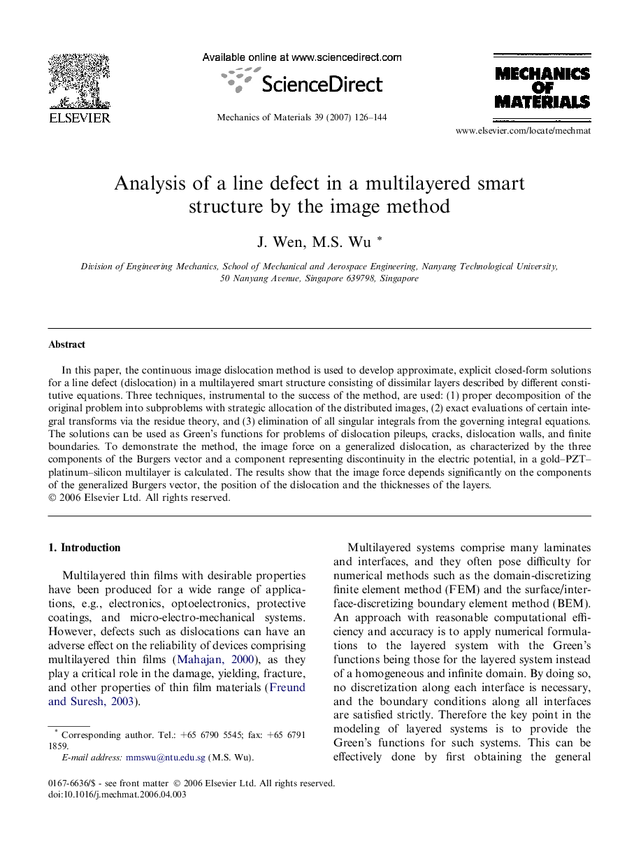 Analysis of a line defect in a multilayered smart structure by the image method