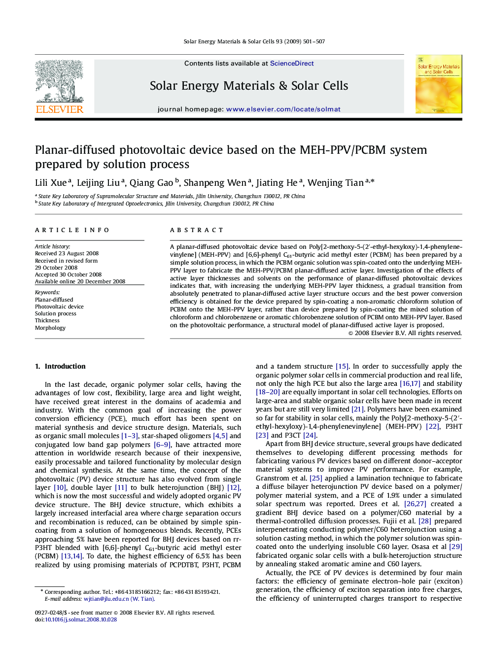 Planar-diffused photovoltaic device based on the MEH-PPV/PCBM system prepared by solution process