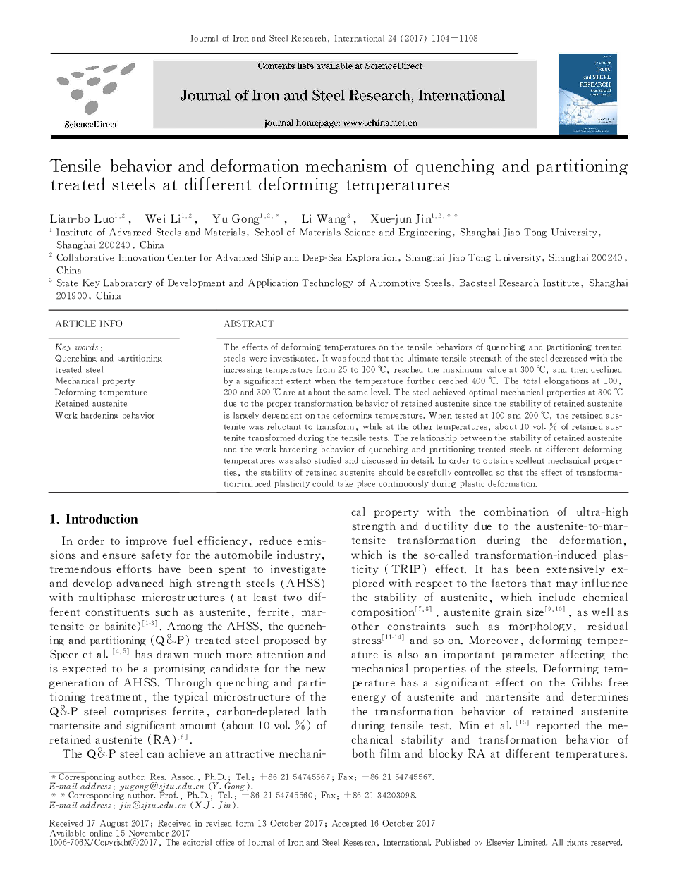 Tensile behavior and deformation mechanism of quenching and partitioning treated steels at different deforming temperatures