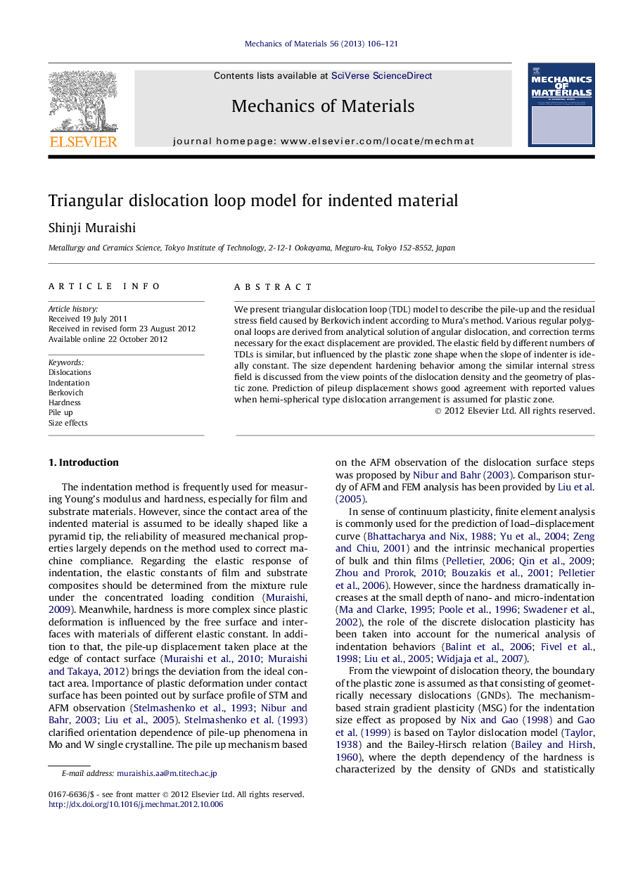 Triangular dislocation loop model for indented material