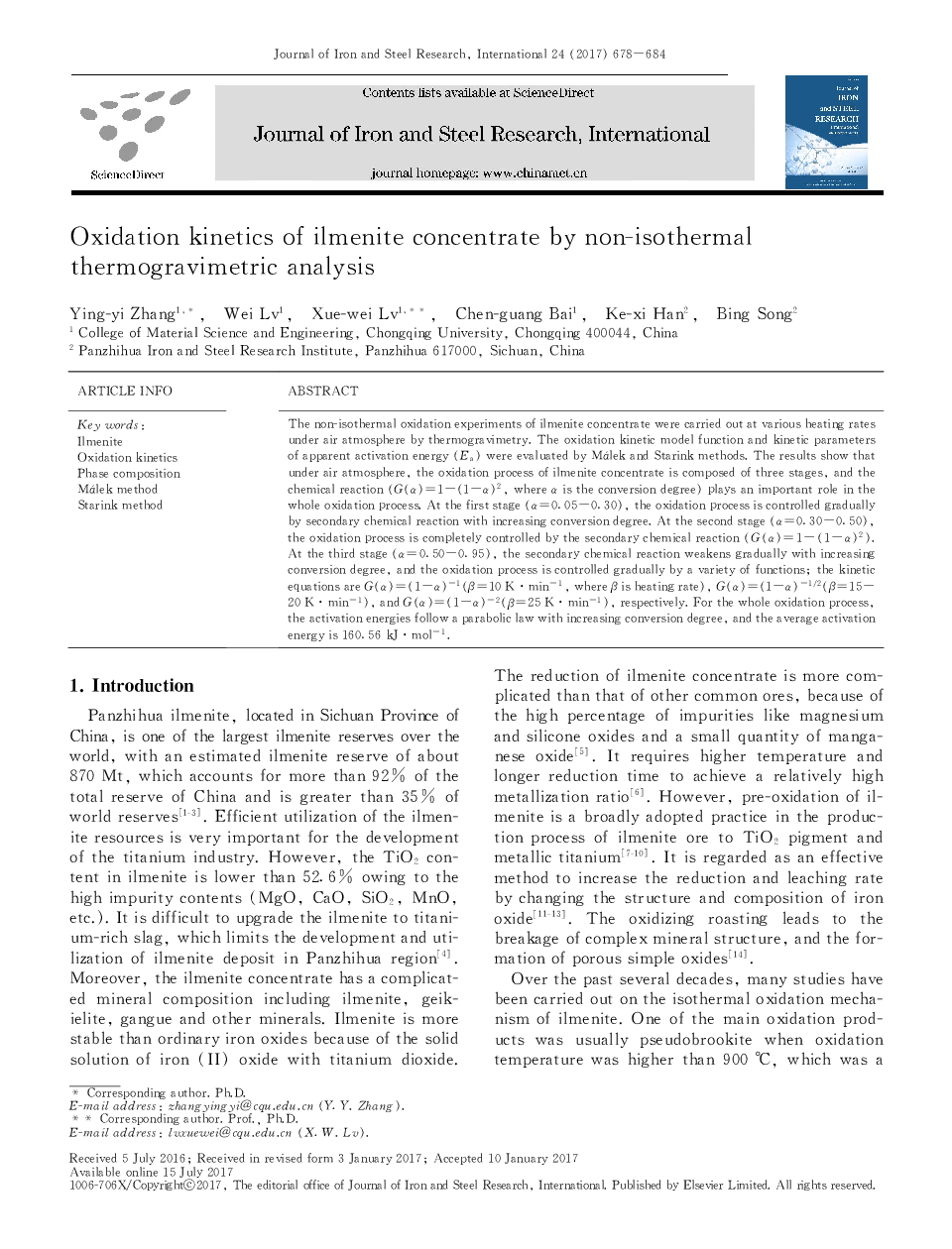 Oxidation kinetics of ilmenite concentrate by non-isothermal thermogravimetric analysis