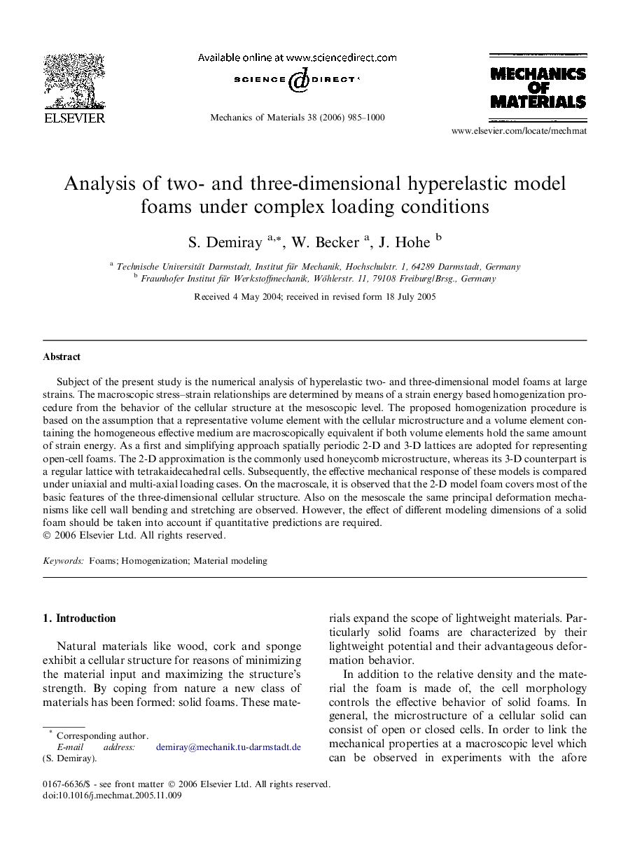 Analysis of two- and three-dimensional hyperelastic model foams under complex loading conditions