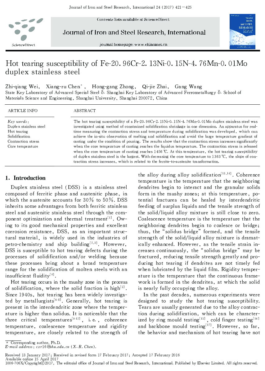 Hot tearing susceptibility of Fe-20. 96Cr-2. 13Ni-0. 15N-4. 76Mn-0.01Mo duplex stainless steel