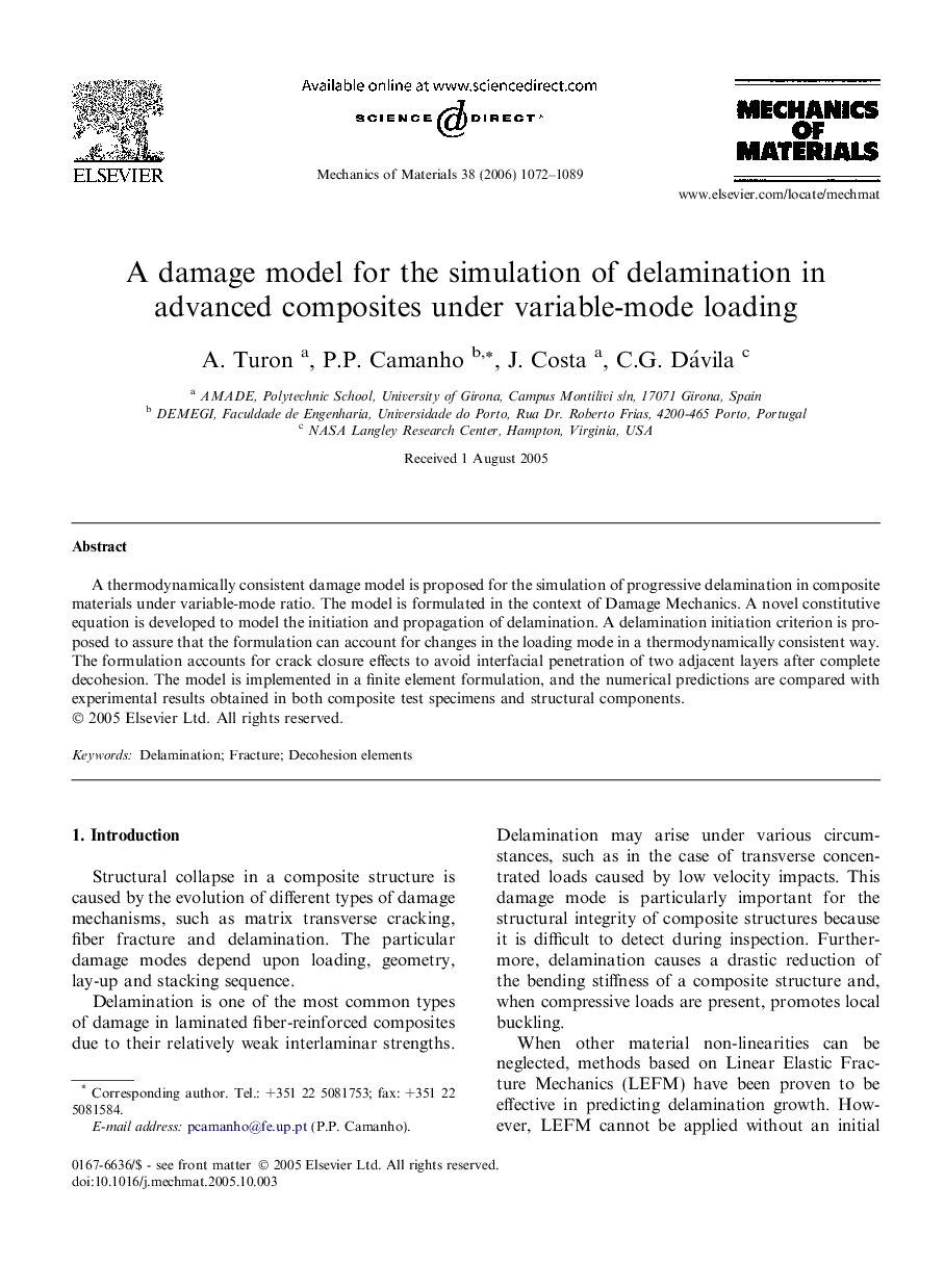 A damage model for the simulation of delamination in advanced composites under variable-mode loading