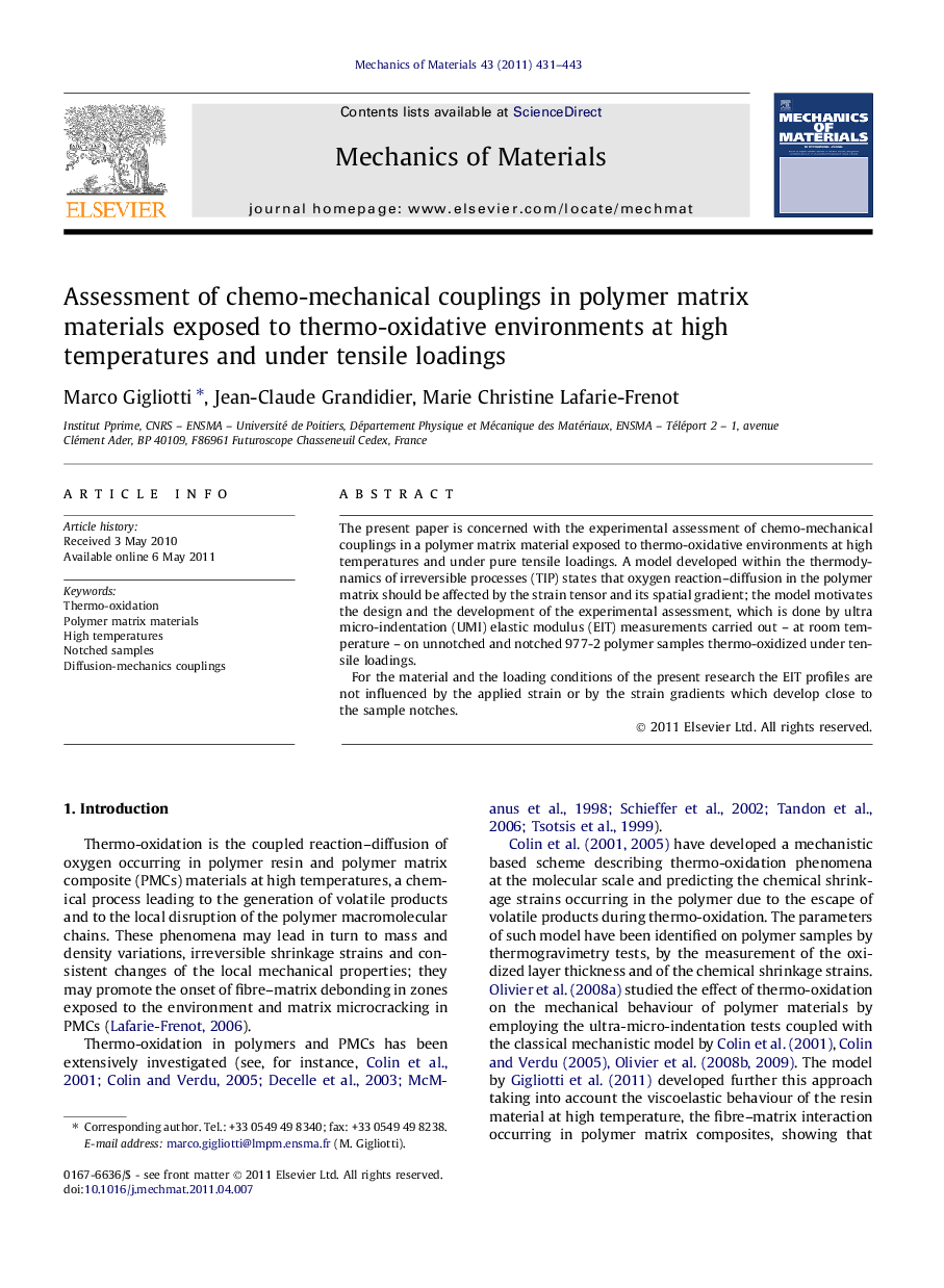 Assessment of chemo-mechanical couplings in polymer matrix materials exposed to thermo-oxidative environments at high temperatures and under tensile loadings