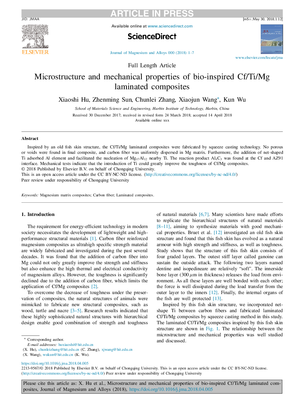 Microstructure and mechanical properties of bio-inspired Cf/Ti/Mg laminated composites