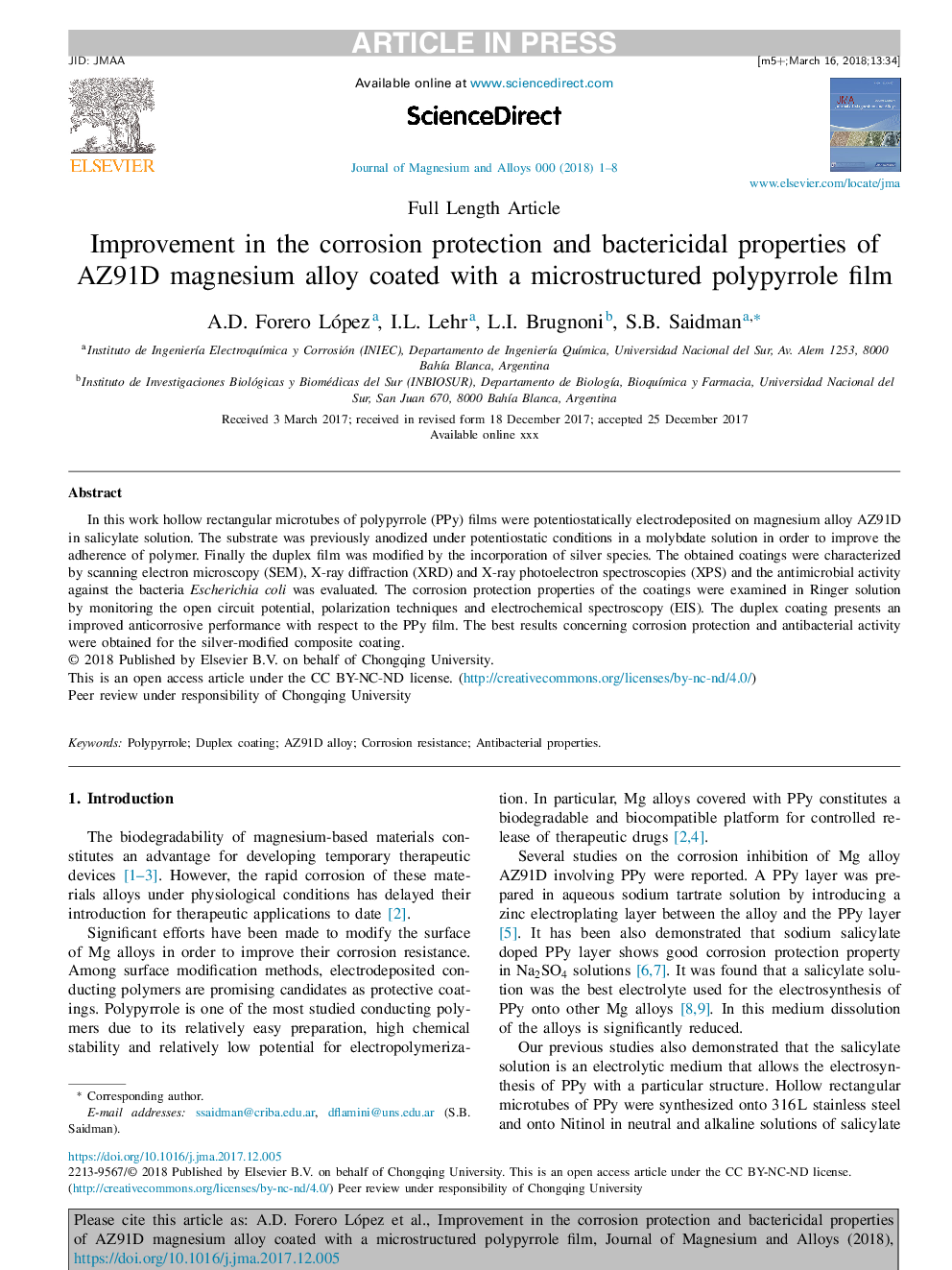 Improvement in the corrosion protection and bactericidal properties of AZ91D magnesium alloy coated with a microstructured polypyrrole film