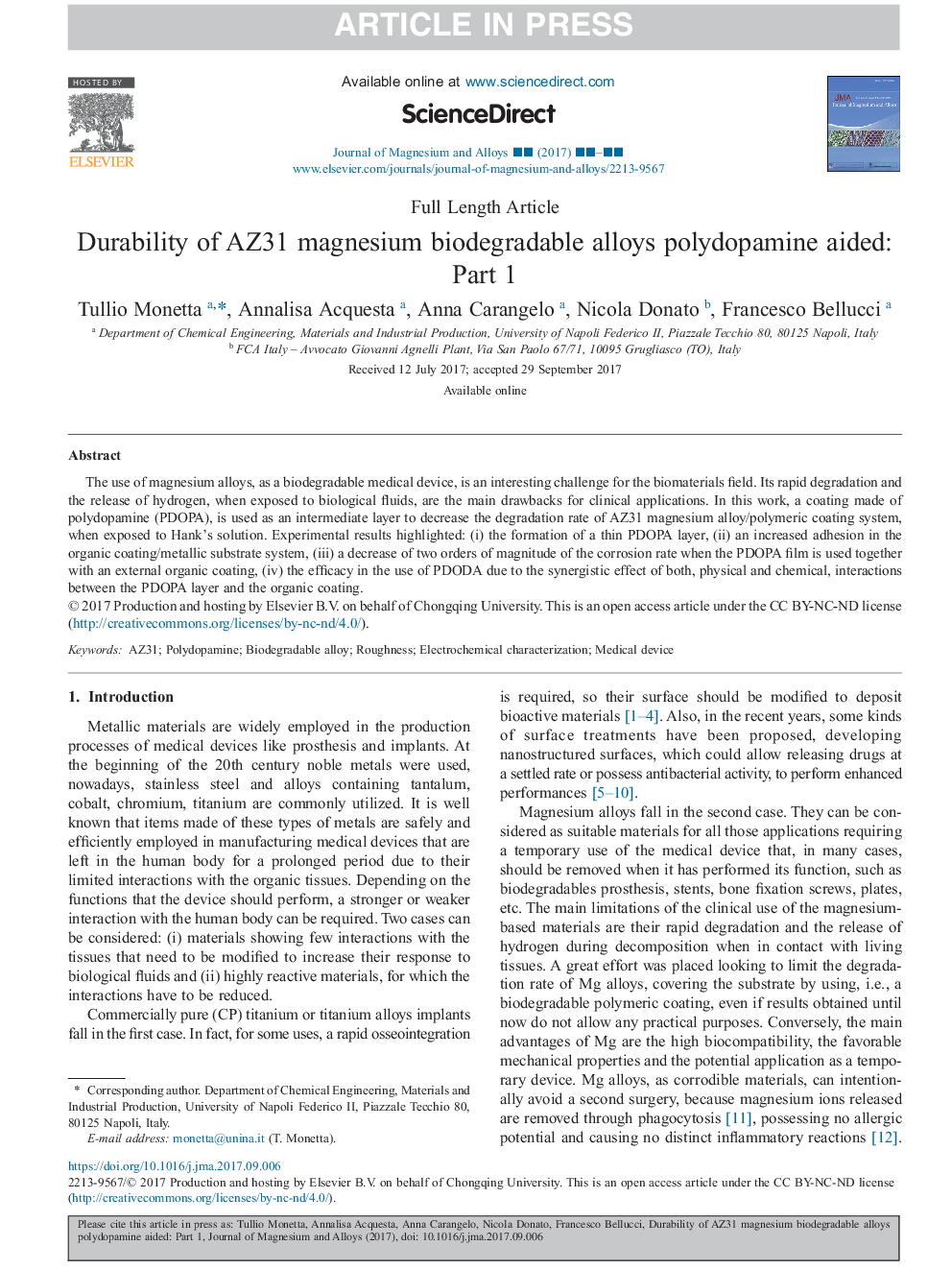 Durability of AZ31 magnesium biodegradable alloys polydopamine aided: Part 1