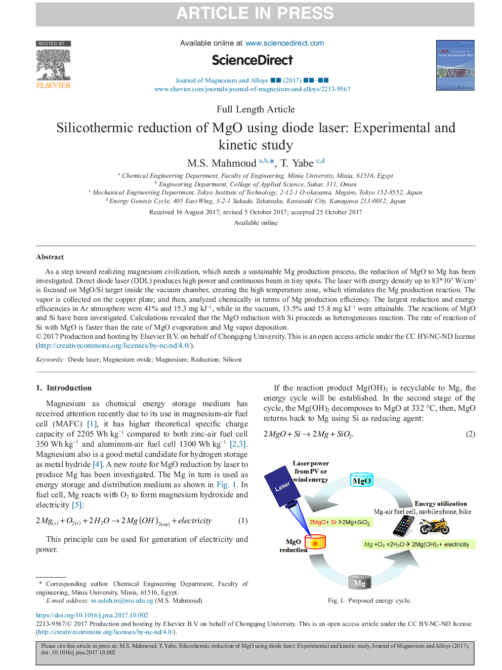 Silicothermic reduction of MgO using diode laser: Experimental and kinetic study