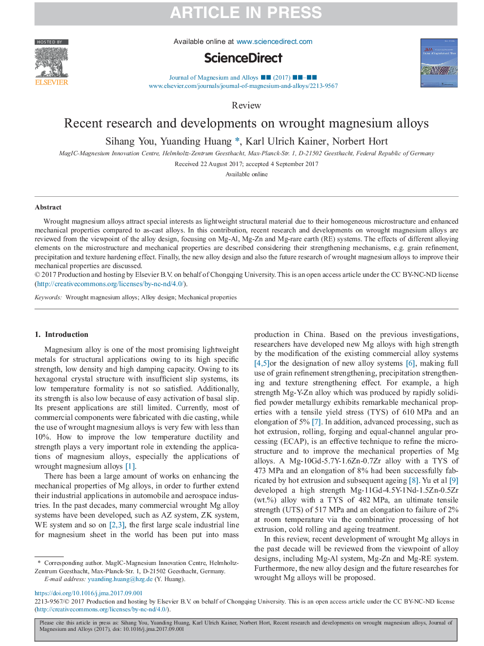 Recent research and developments on wrought magnesium alloys