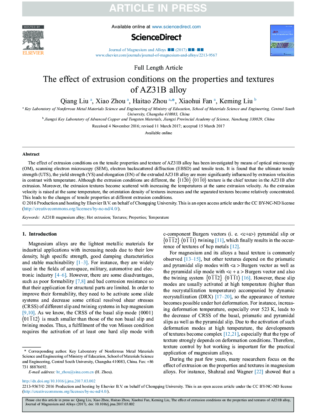 The effect of extrusion conditions on the properties and textures of AZ31B alloy