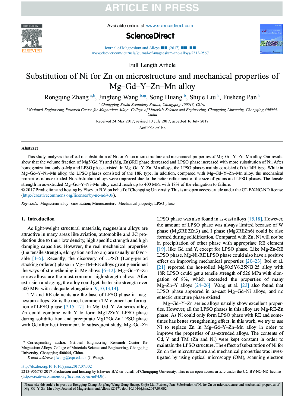 Substitution of Ni for Zn on microstructure and mechanical properties of Mg-Gd-Y-Zn-Mn alloy