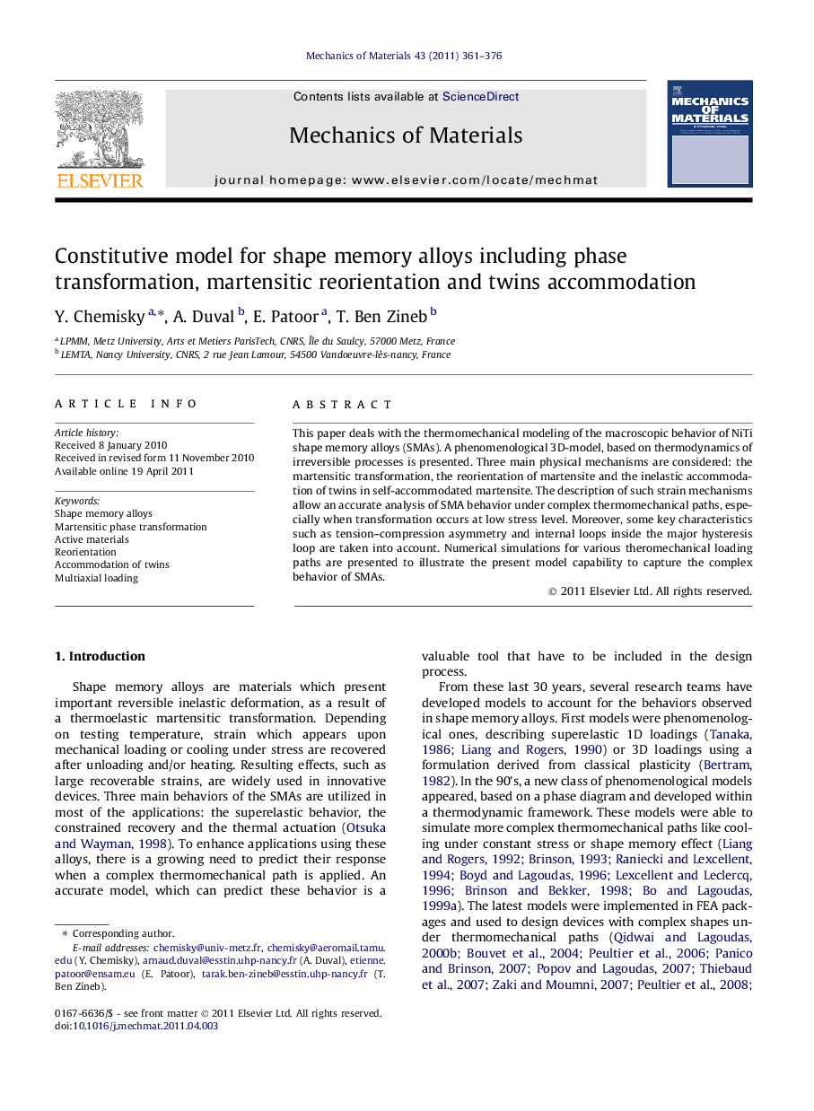 Constitutive model for shape memory alloys including phase transformation, martensitic reorientation and twins accommodation