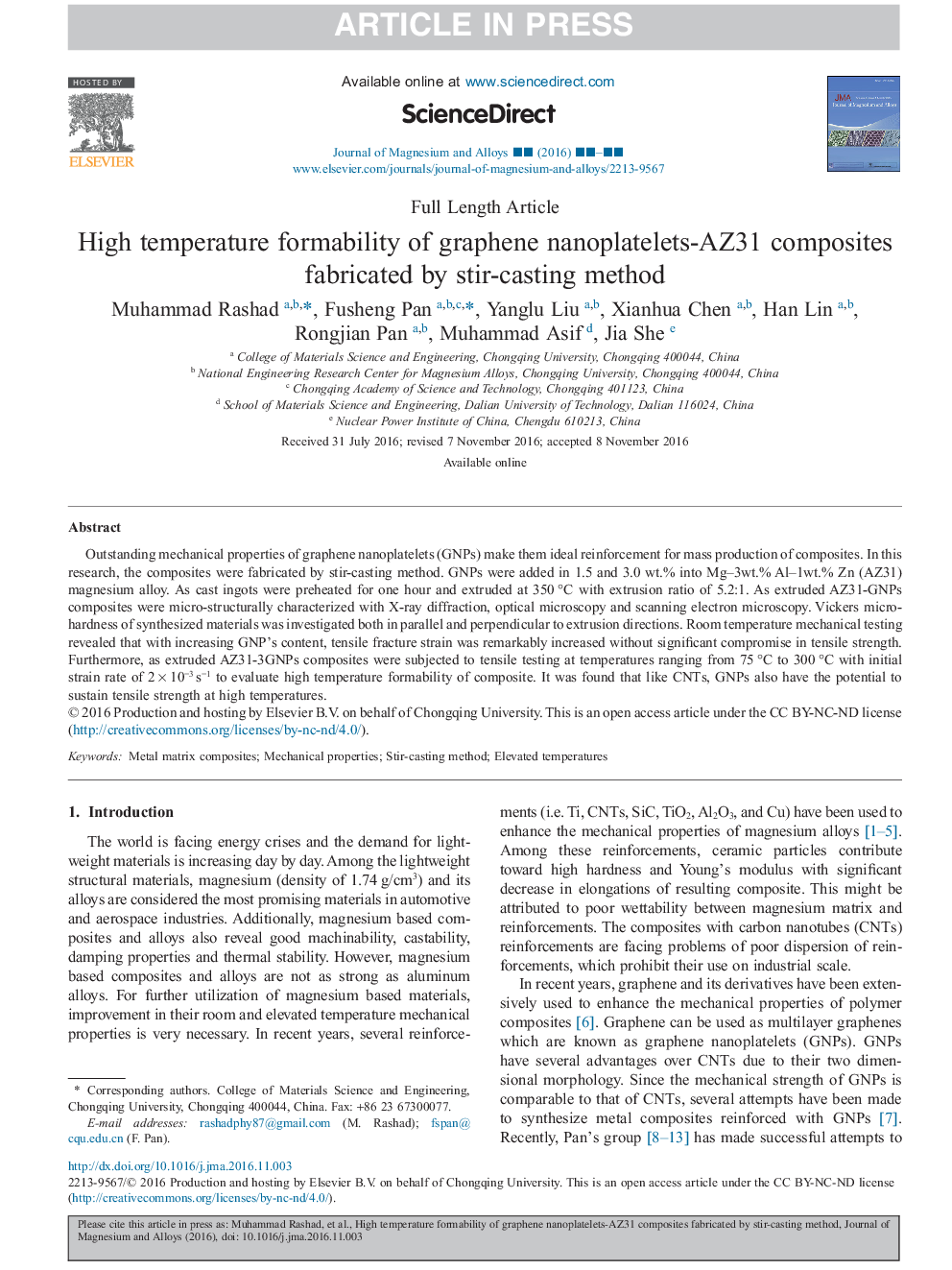 عکس صفحه اول مقاله: High temperature formability of graphene nanoplatelets-AZ31 composites fabricated by stir-casting method High temperature formability of graphene nanoplatelets-AZ31 composites fabricated by stir-casting method