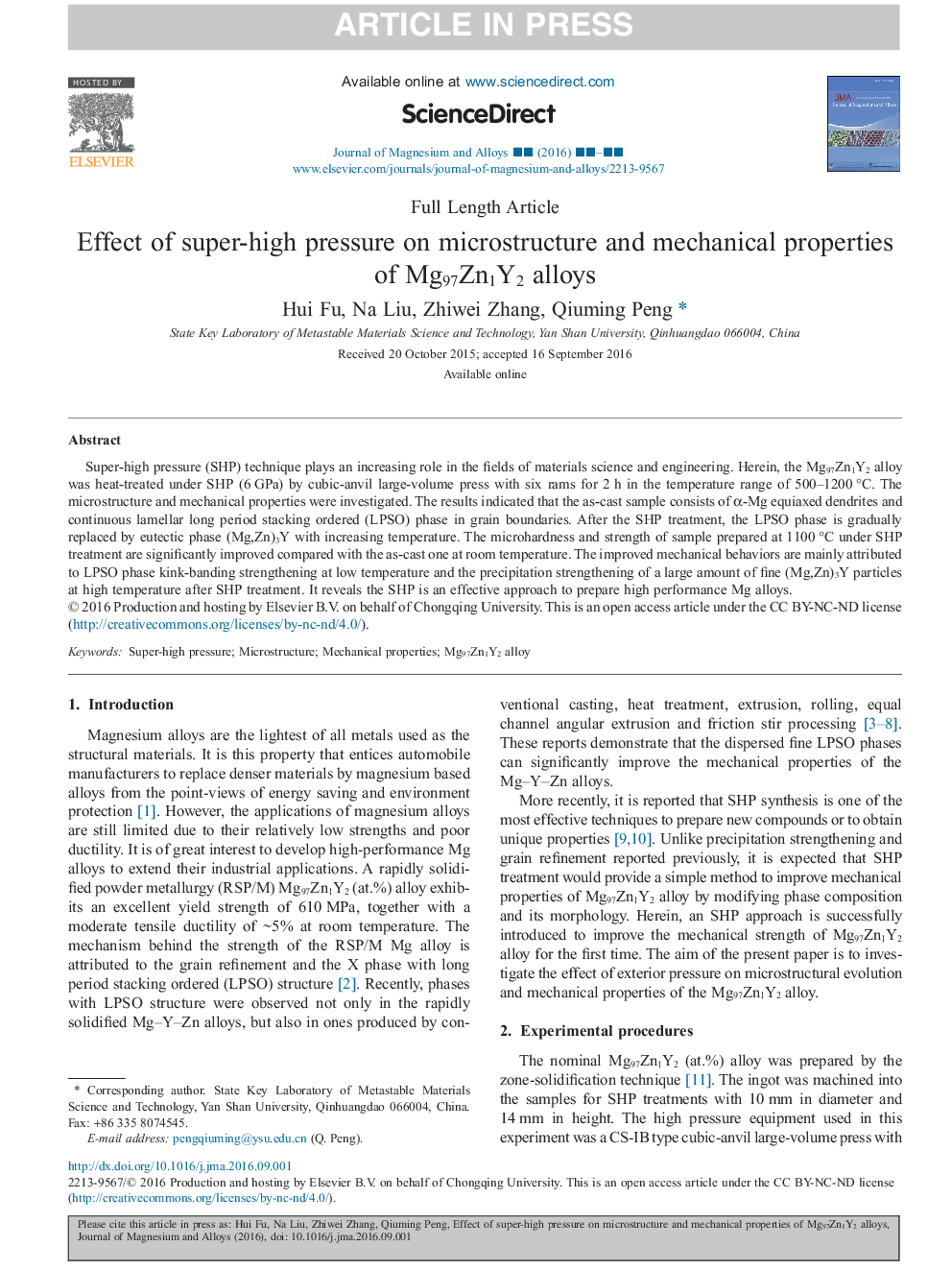 Effect of super-high pressure on microstructure and mechanical properties of Mg97Zn1Y2 alloys
