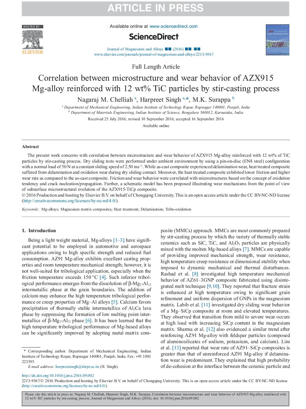 Correlation between microstructure and wear behavior of AZX915 Mg-alloy reinforced with 12 wt% TiC particles by stir-casting process