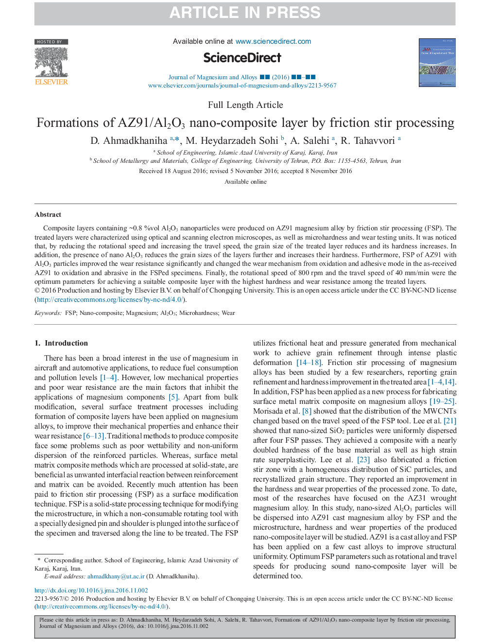 Formations of AZ91/Al2O3 nano-composite layer by friction stir processing