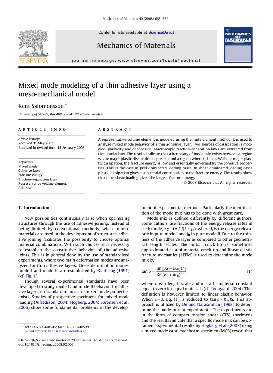 Mixed mode modeling of a thin adhesive layer using a meso-mechanical model