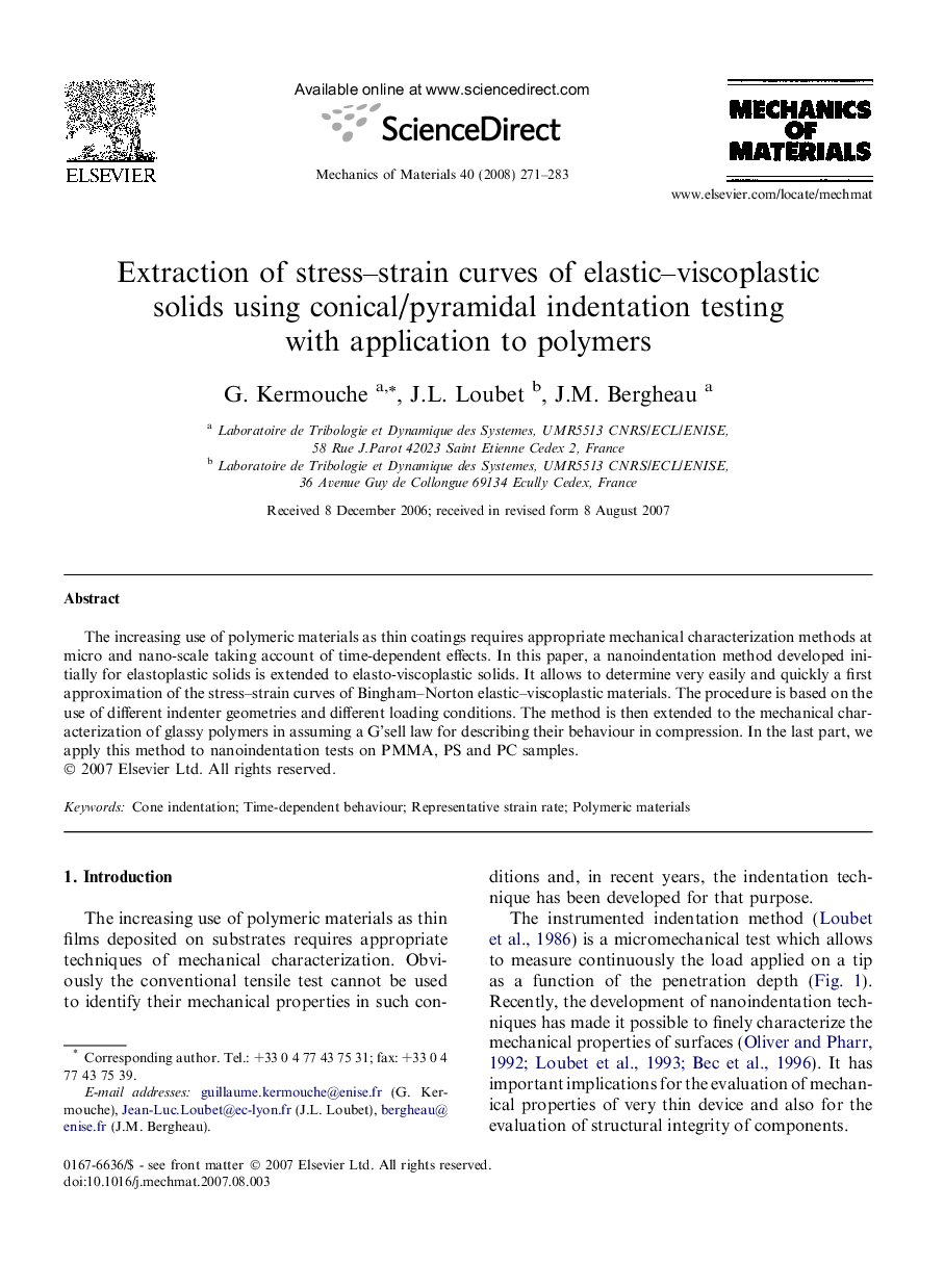 Extraction of stress–strain curves of elastic–viscoplastic solids using conical/pyramidal indentation testing with application to polymers