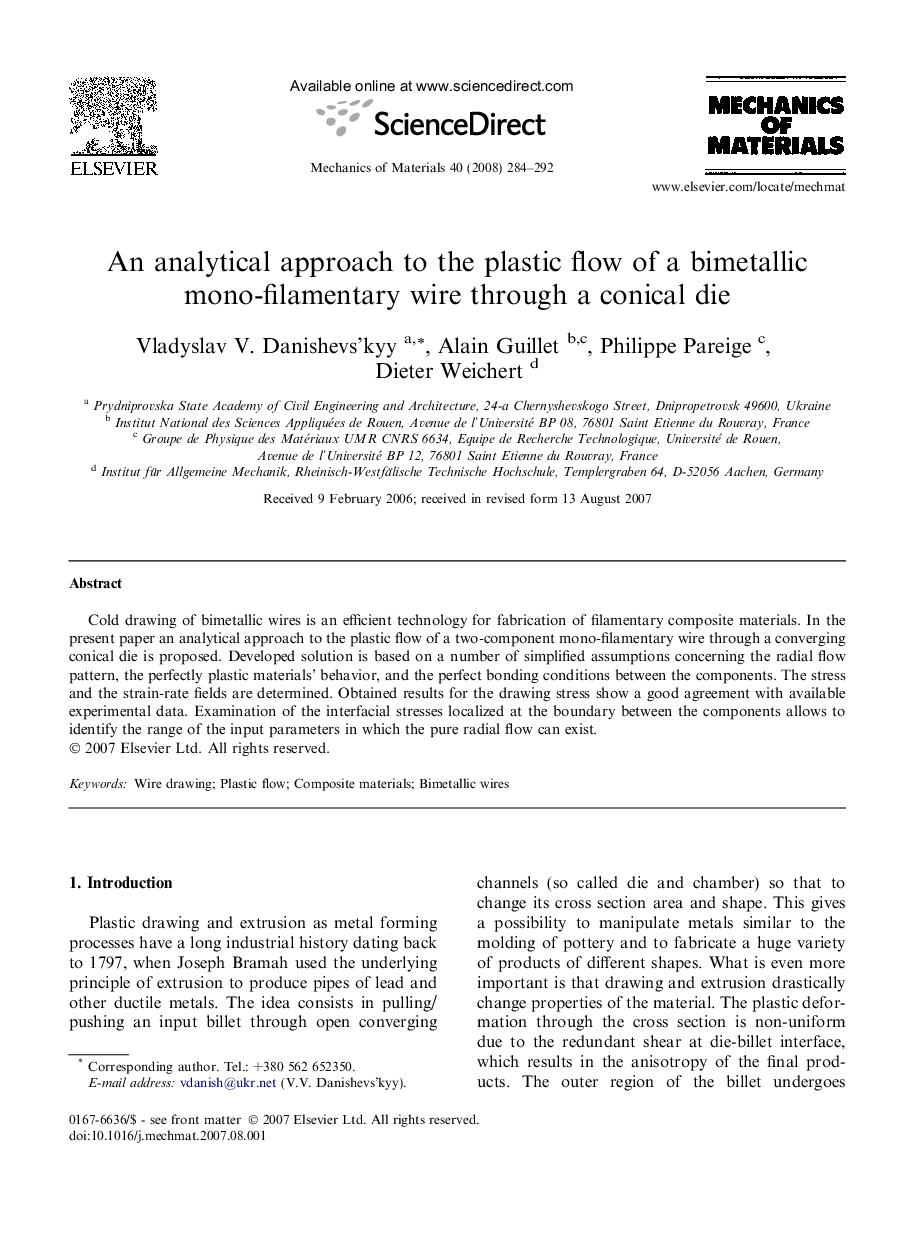 An analytical approach to the plastic flow of a bimetallic mono-filamentary wire through a conical die