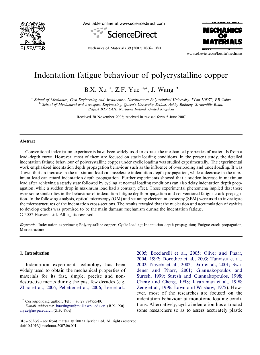 Indentation fatigue behaviour of polycrystalline copper