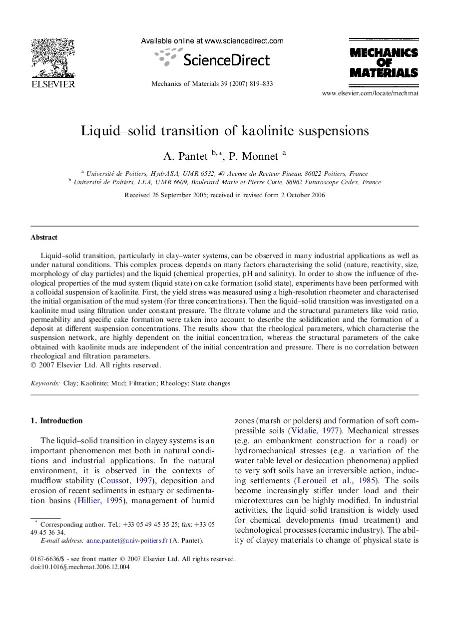 Liquid–solid transition of kaolinite suspensions