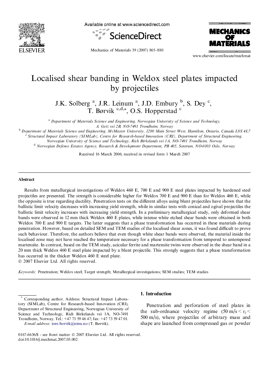 Localised shear banding in Weldox steel plates impacted by projectiles