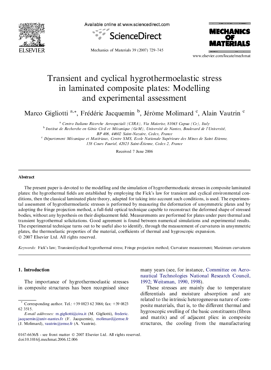 Transient and cyclical hygrothermoelastic stress in laminated composite plates: Modelling and experimental assessment