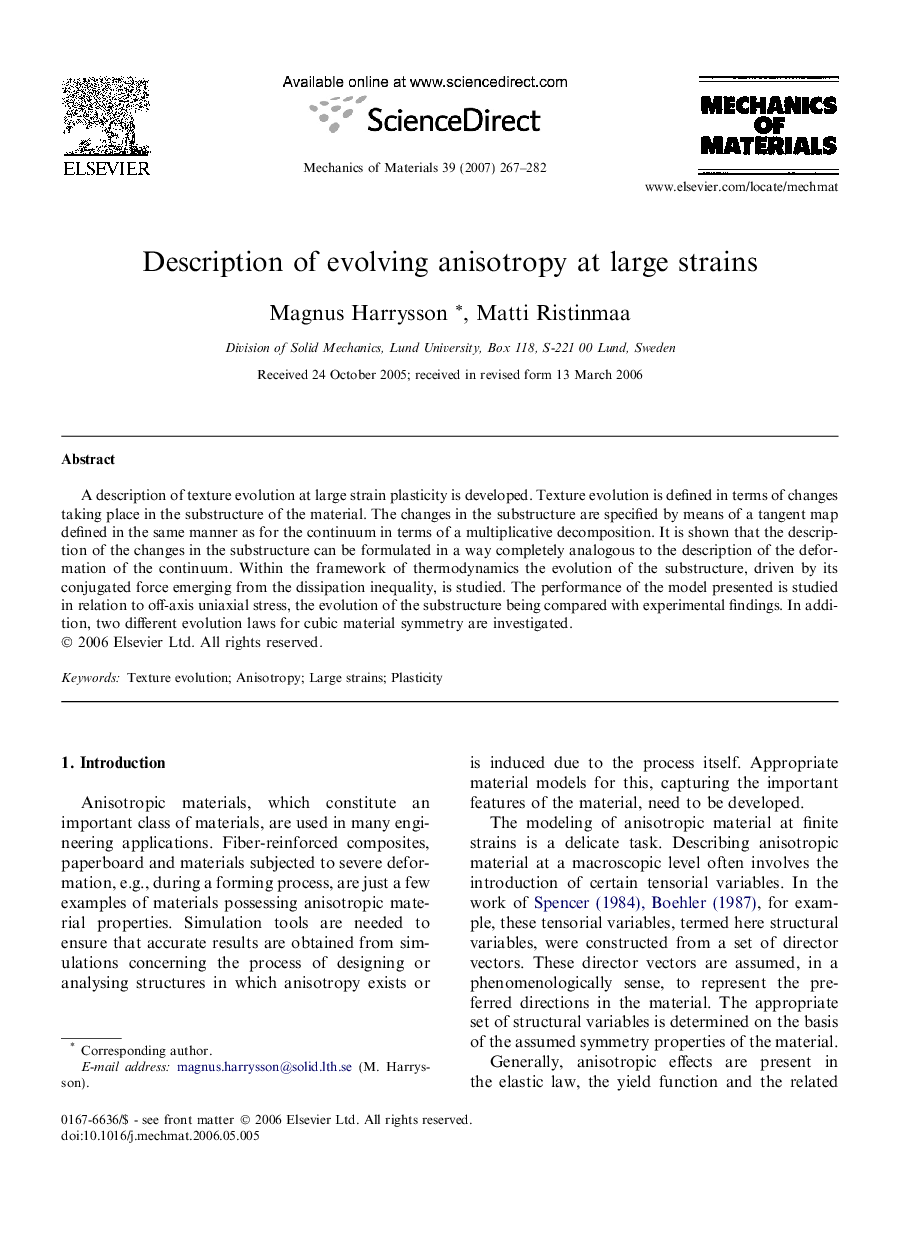 عکس صفحه اول مقاله: Description of evolving anisotropy at large strains Description of evolving anisotropy at large strains