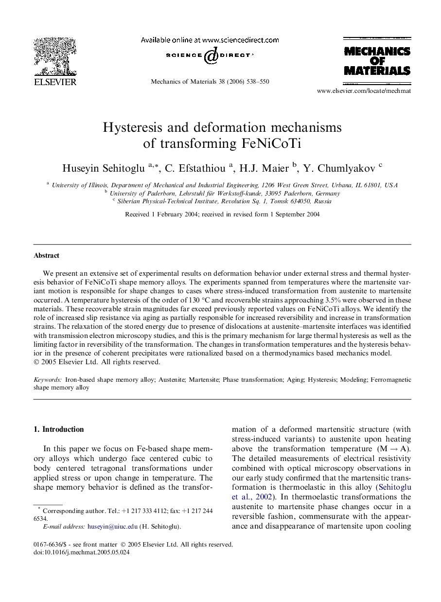 Hysteresis and deformation mechanisms of transforming FeNiCoTi