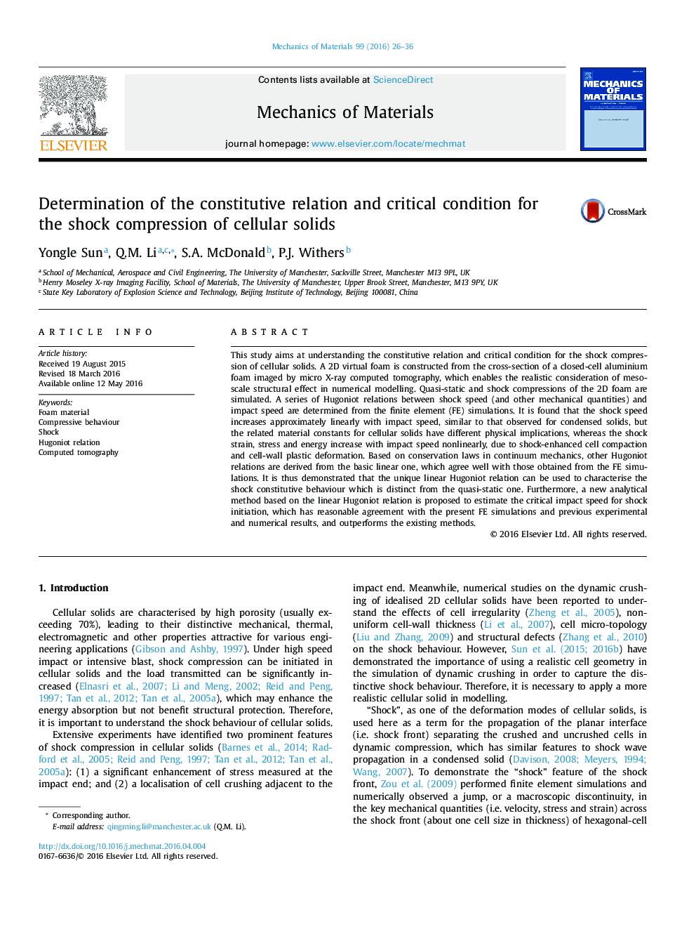 Determination of the constitutive relation and critical condition for the shock compression of cellular solids