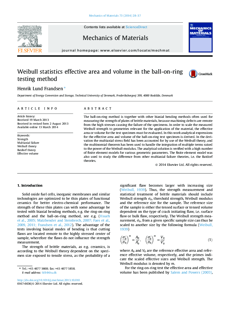 Weibull statistics effective area and volume in the ball-on-ring testing method