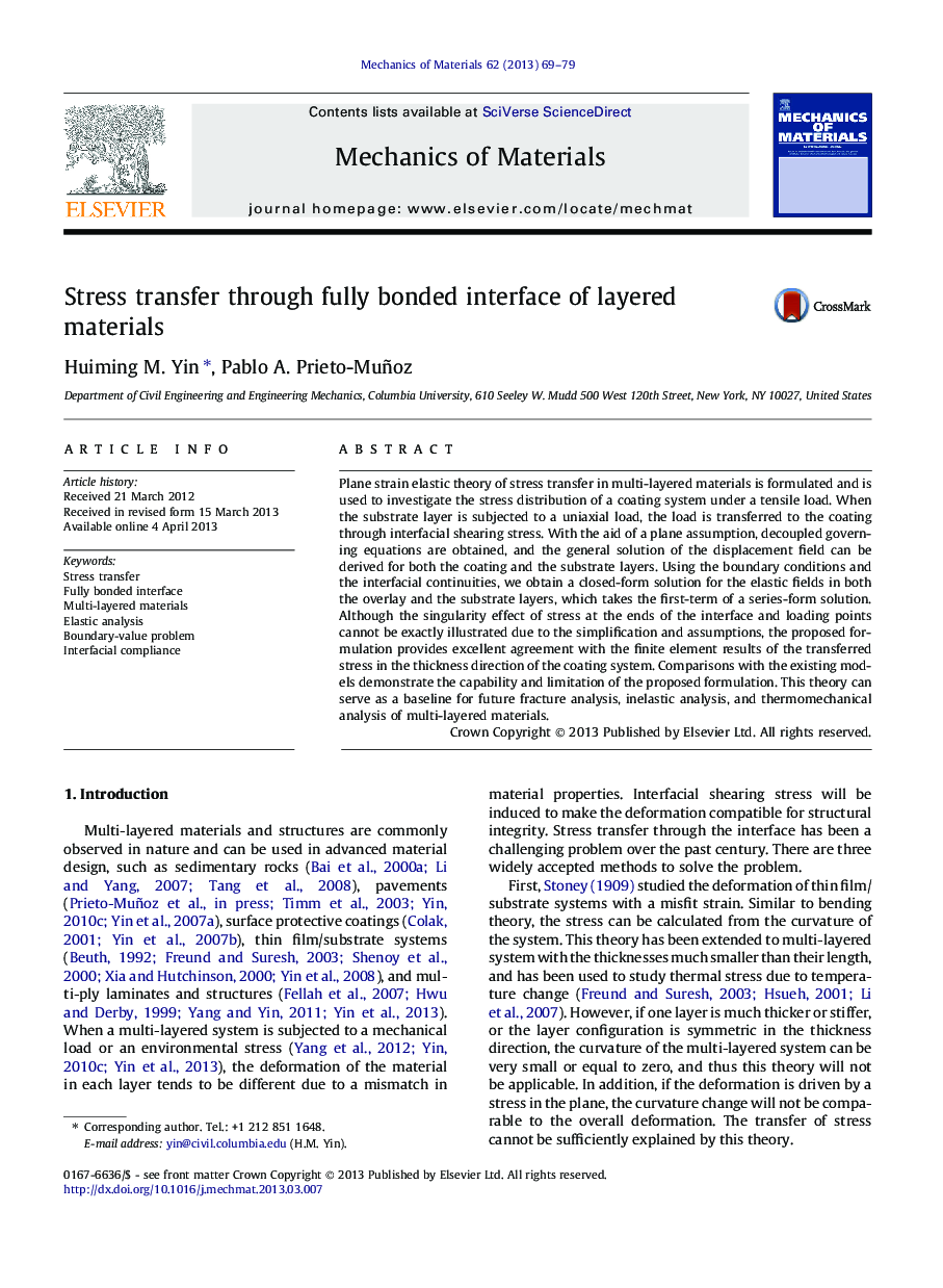 Stress transfer through fully bonded interface of layered materials