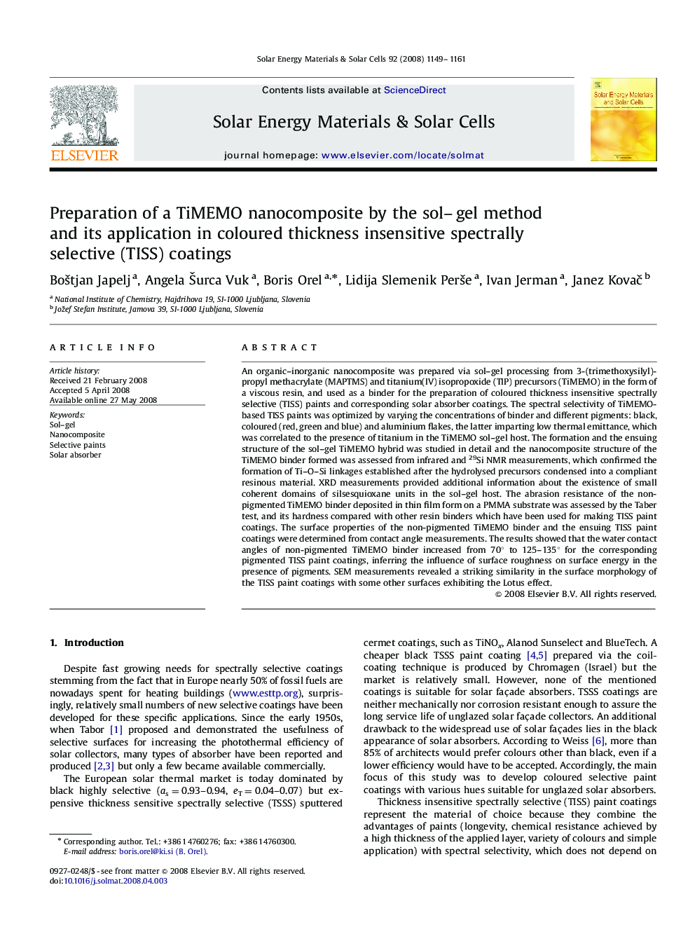 Preparation of a TiMEMO nanocomposite by the sol–gel method and its application in coloured thickness insensitive spectrally selective (TISS) coatings