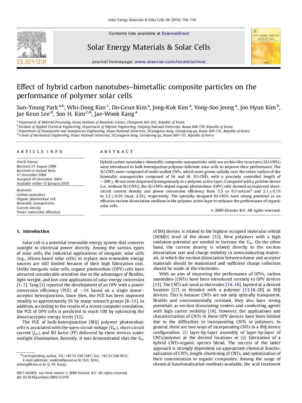 Effect of hybrid carbon nanotubes–bimetallic composite particles on the performance of polymer solar cells