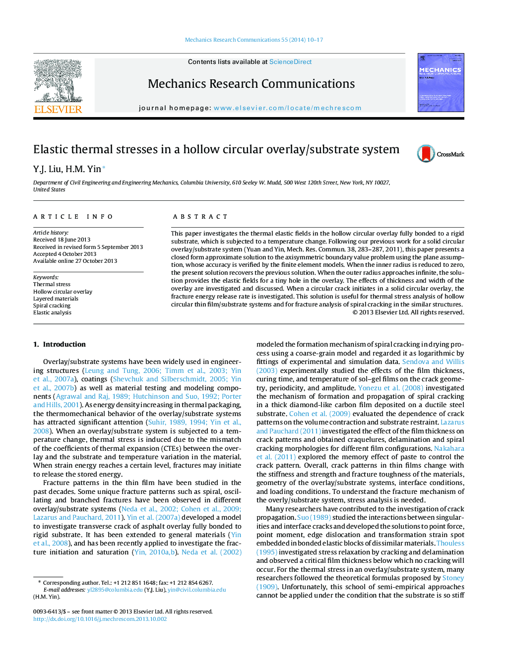 Elastic thermal stresses in a hollow circular overlay/substrate system