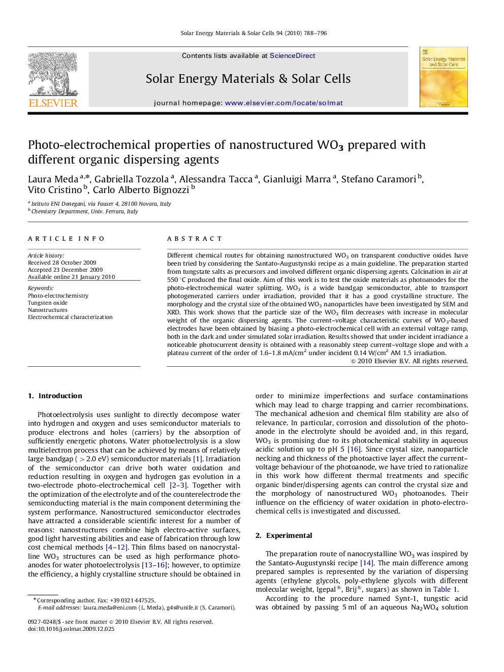 Photo-electrochemical properties of nanostructured WO3 prepared with different organic dispersing agents