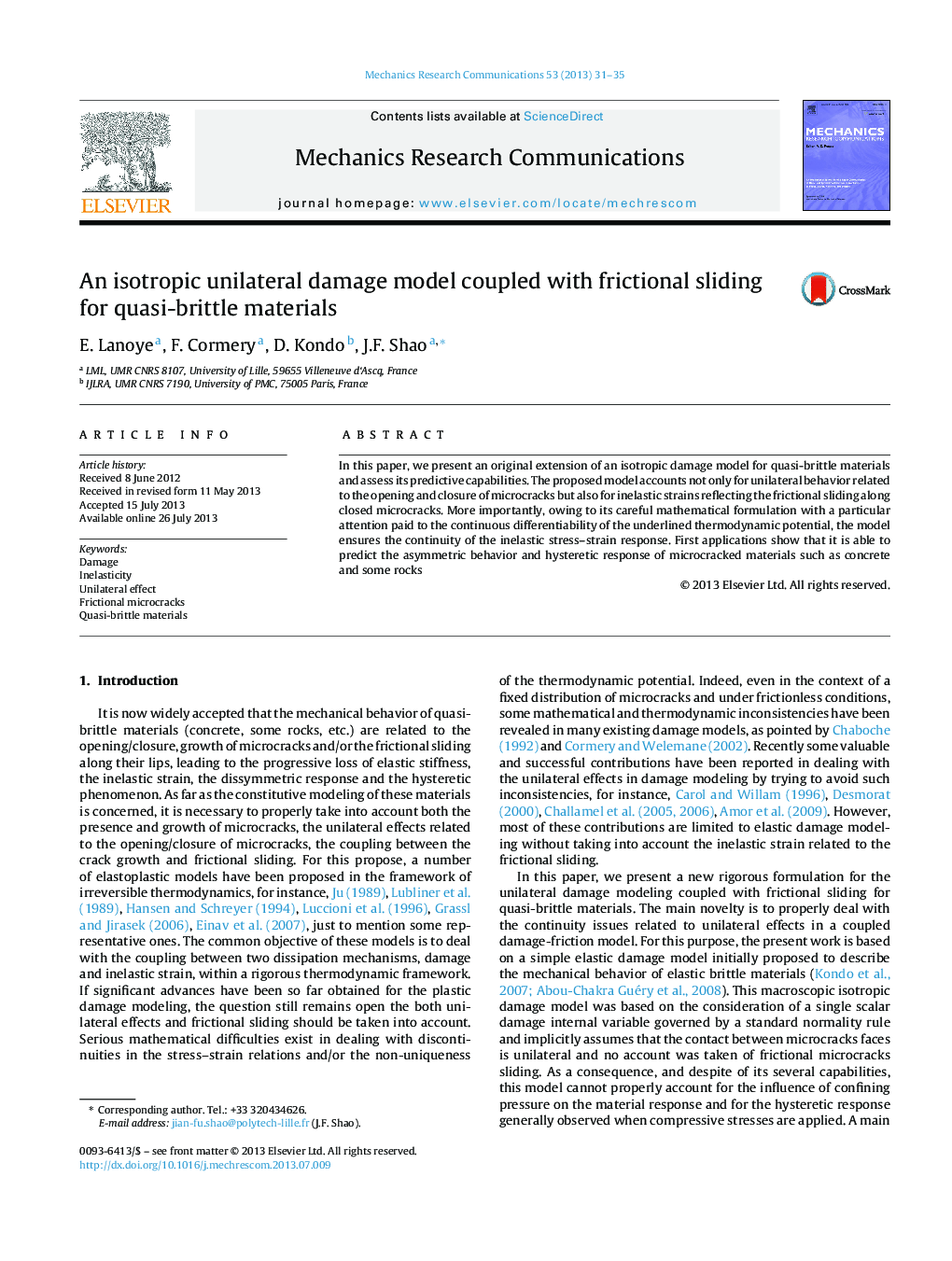 An isotropic unilateral damage model coupled with frictional sliding for quasi-brittle materials