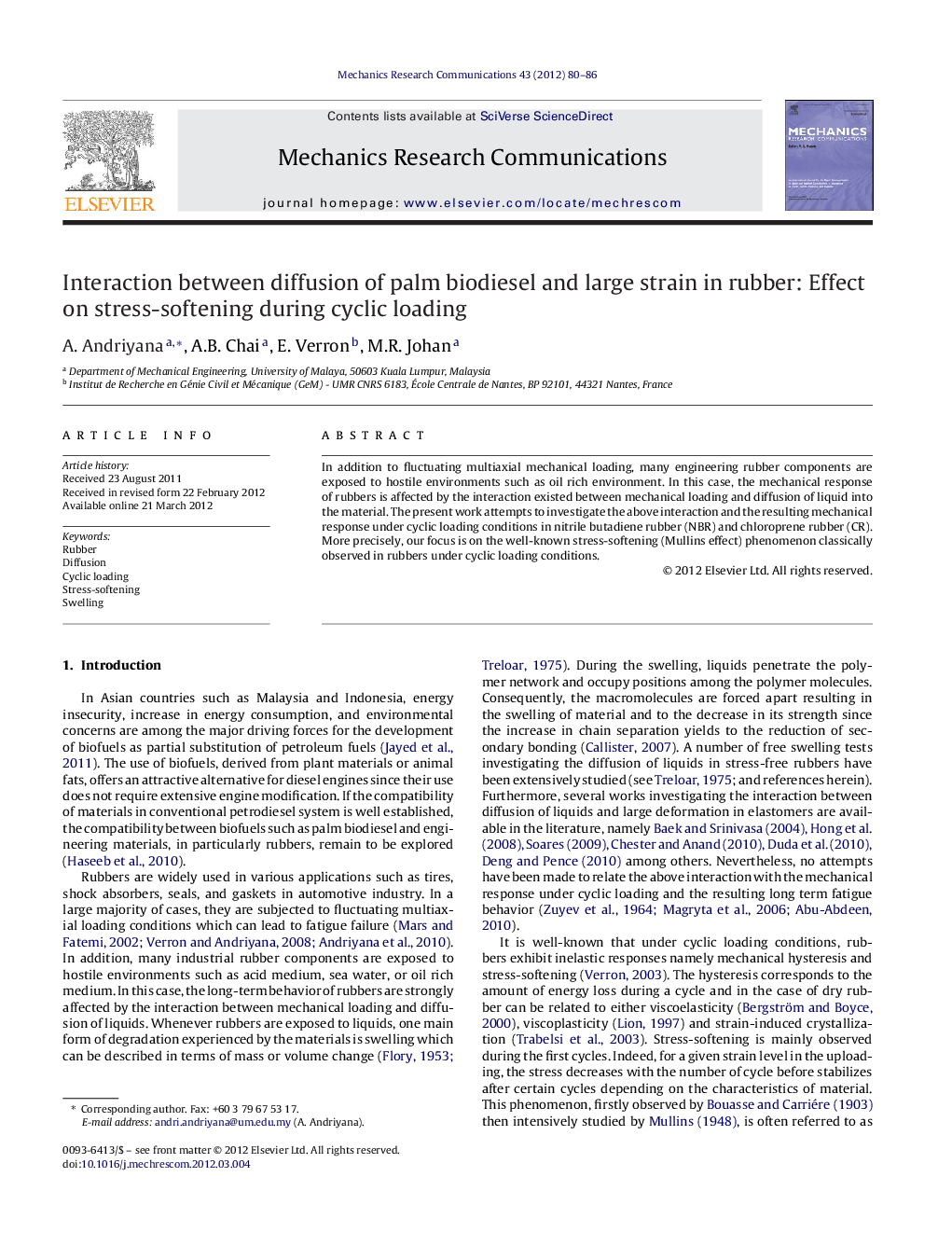 Interaction between diffusion of palm biodiesel and large strain in rubber: Effect on stress-softening during cyclic loading