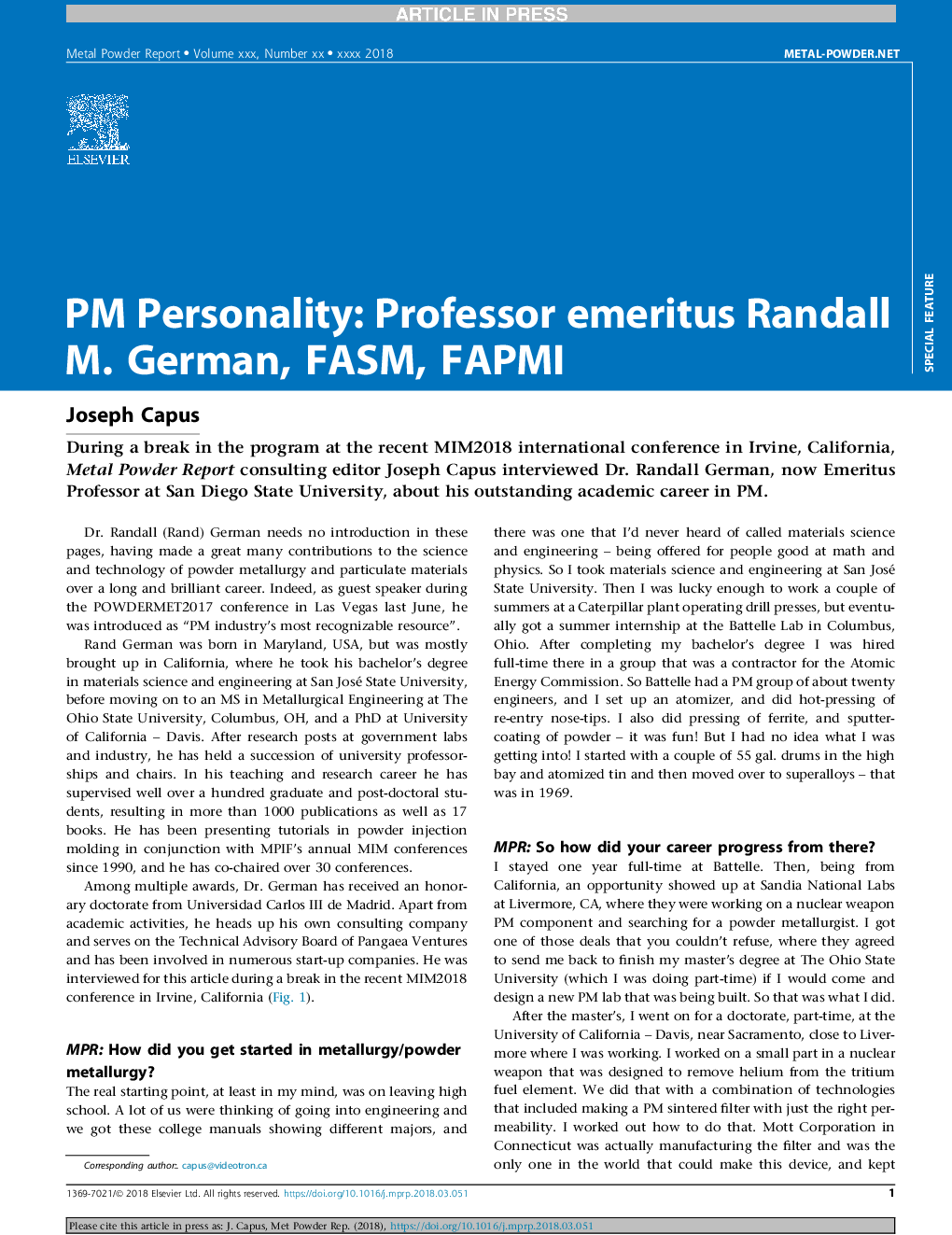 PM Personality: Professor emeritus Randall M. German, FASM, FAPMI